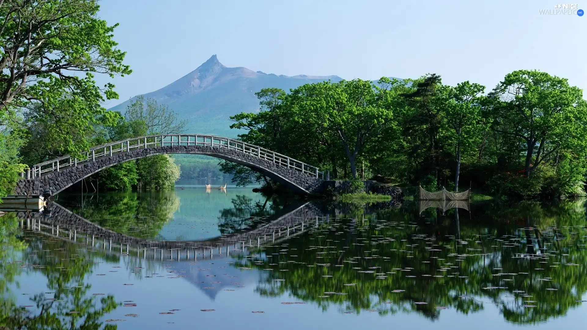 trees, bridges, mountains, Japan, viewes, water