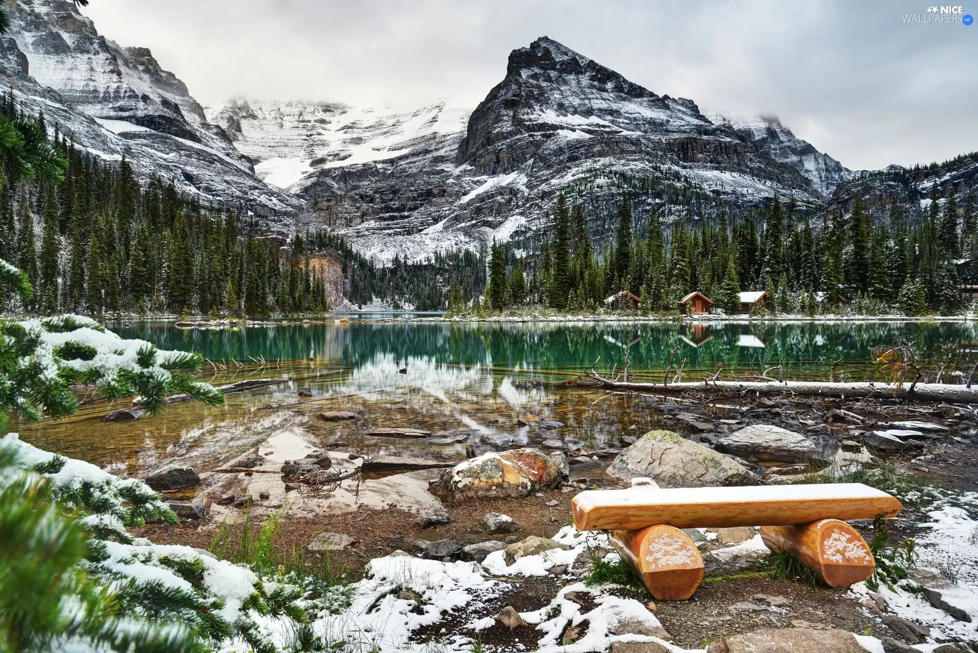 Mountains, lake, View, an, Bench