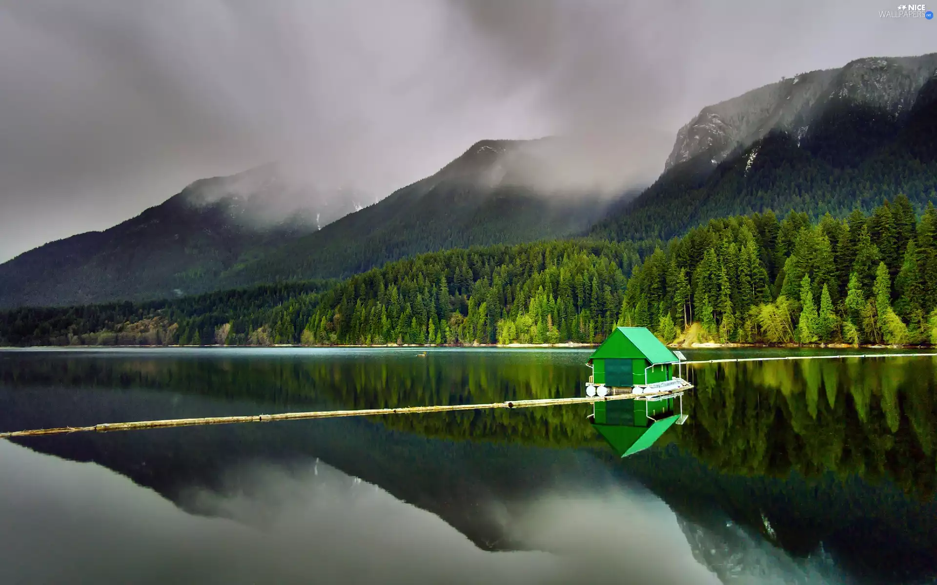 lake, Fog, Home, Mountains