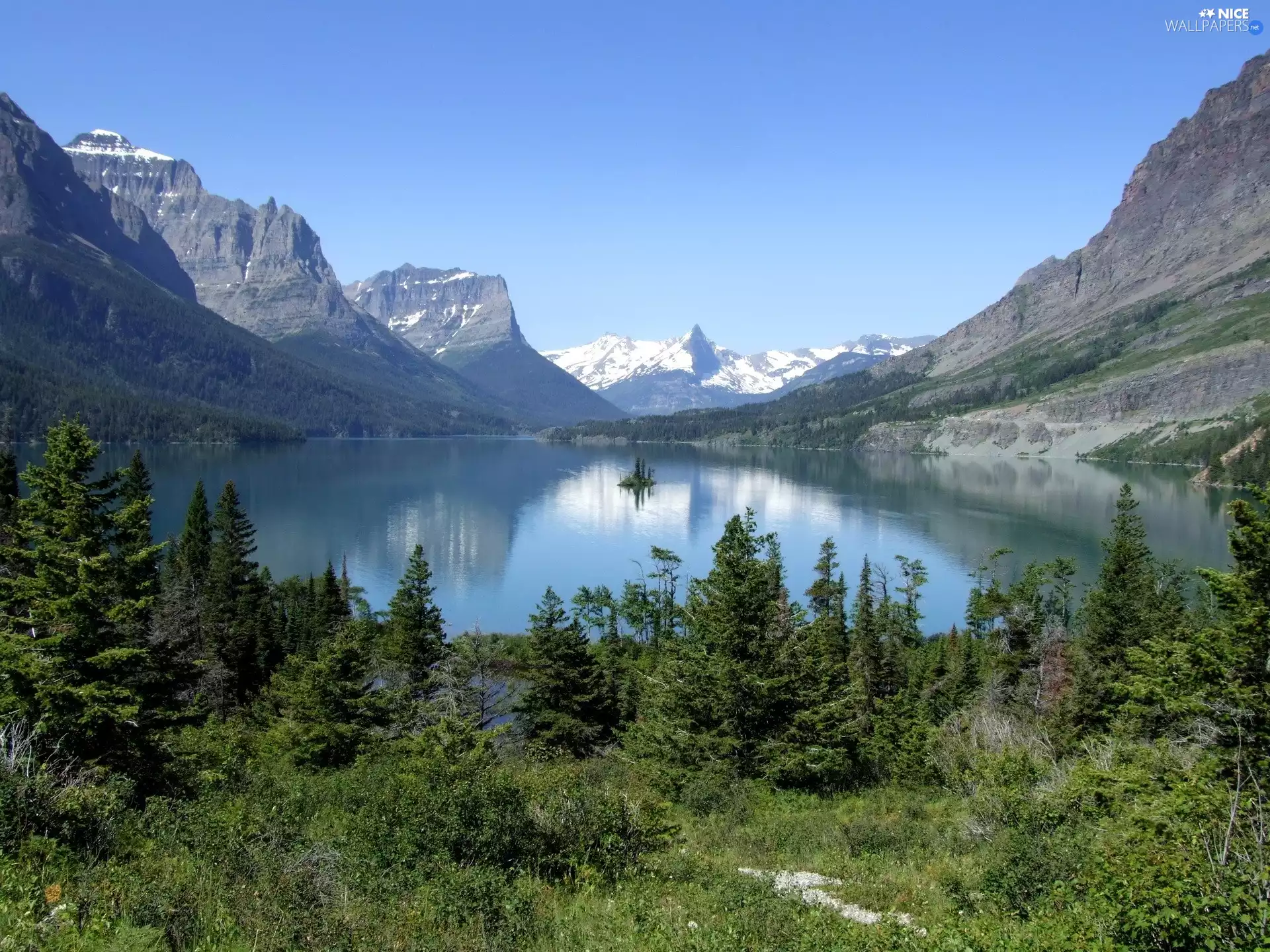 lake, trees, viewes, Mountains