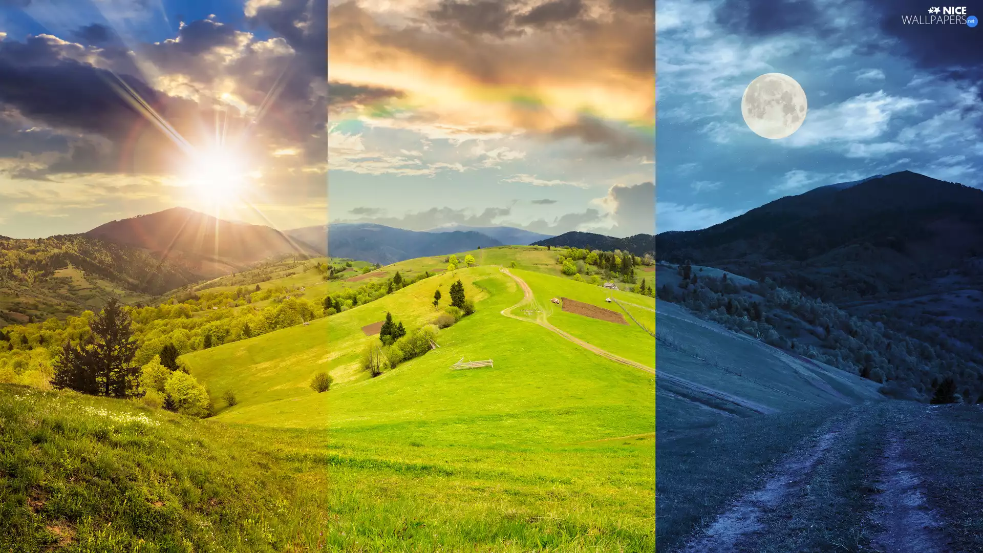moon, summer, Night, Mountains, photomontage, Sky, sun