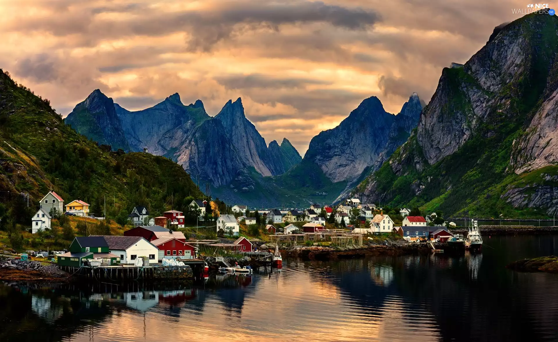 Reine Village, Norway, Mountains, clouds, Houses, Lofoten