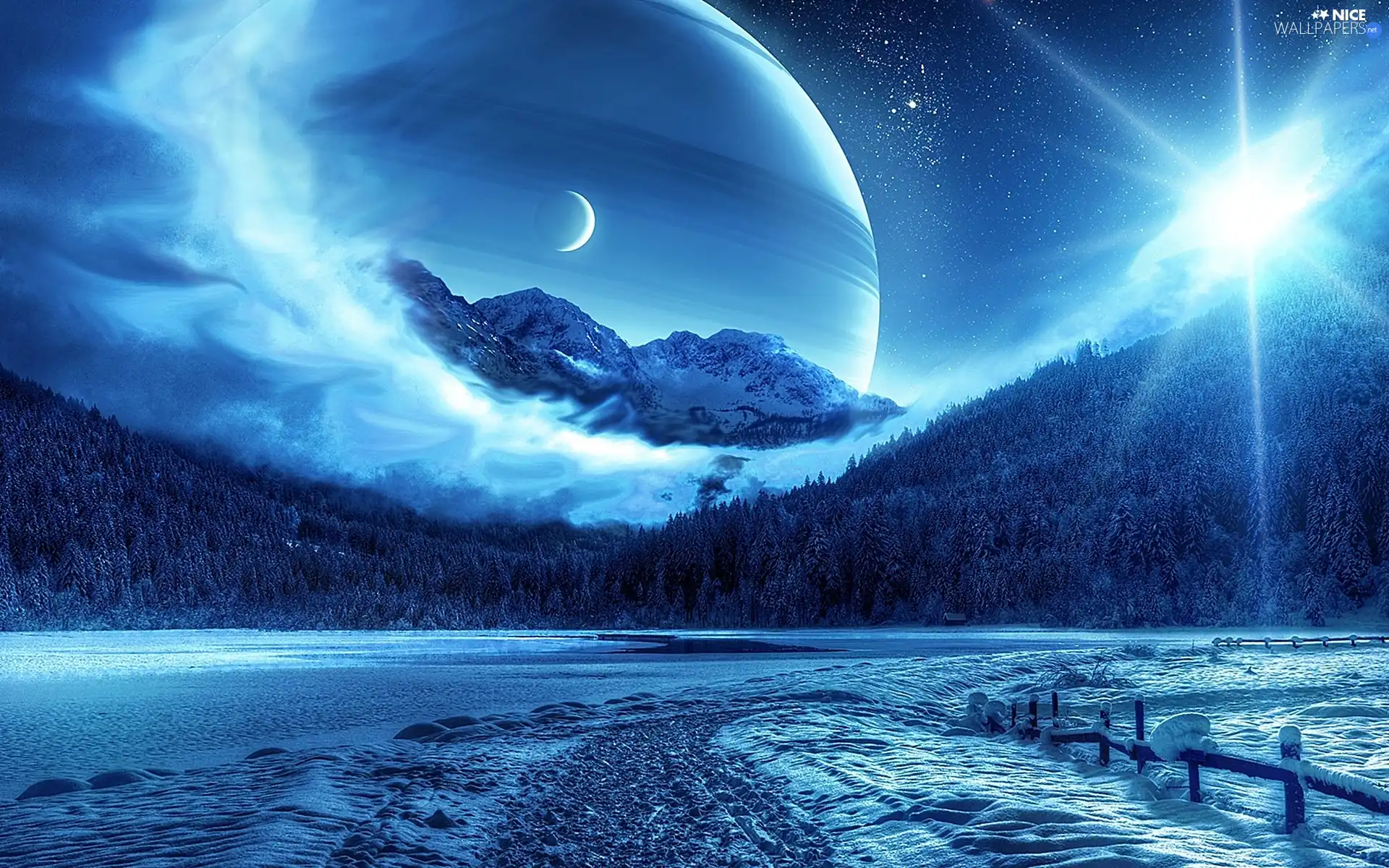 Mountains, Planets, land, sun, fantasy