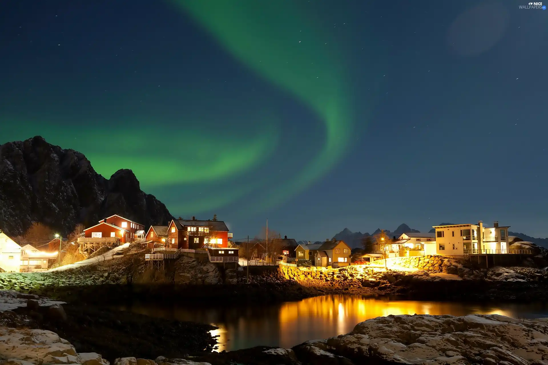 Mountains, aurora polaris, colony, lake, Houses