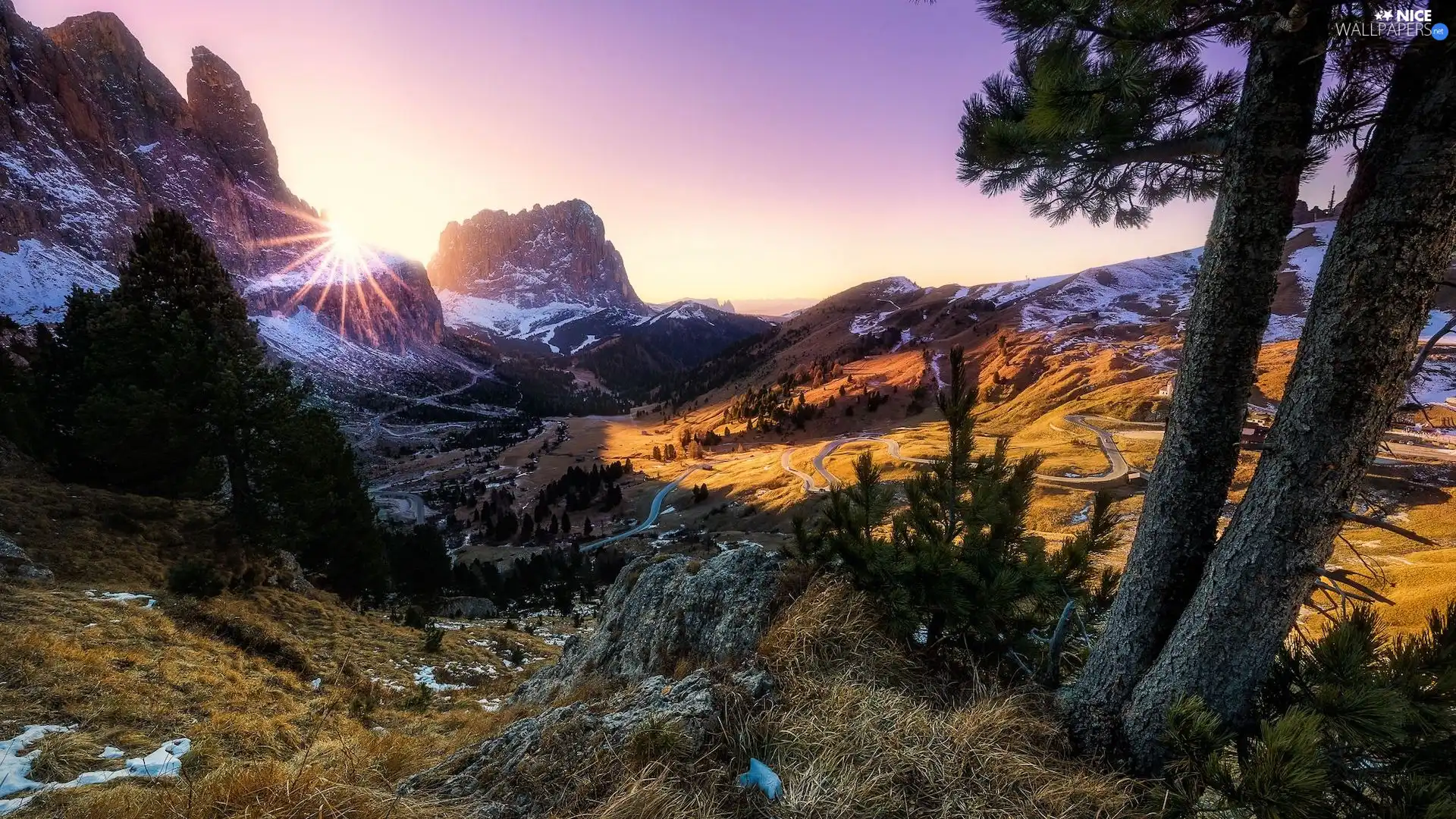 viewes, Way, rays of the Sun, trees, Mountains