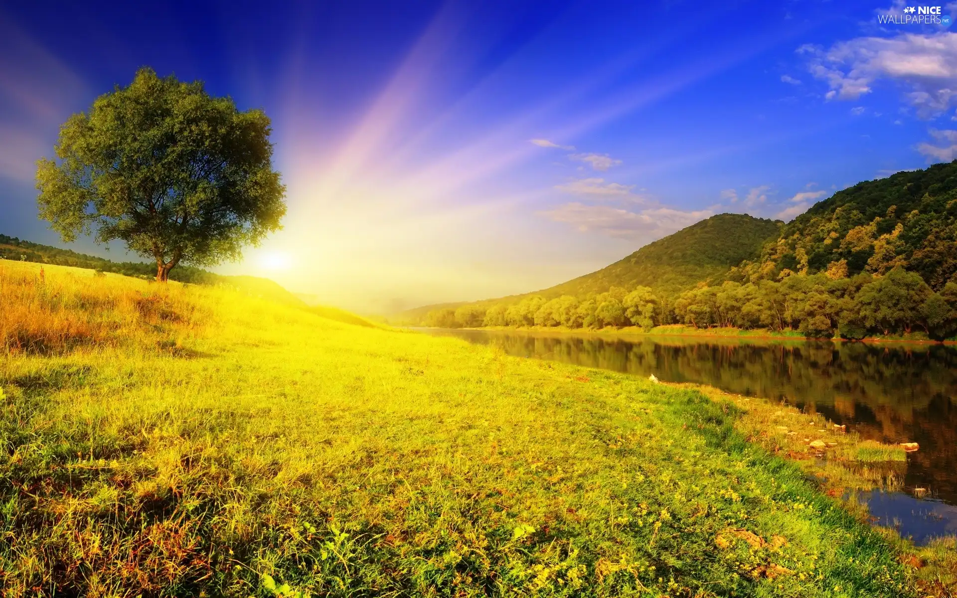 Mountains, River, sun, medows, rays