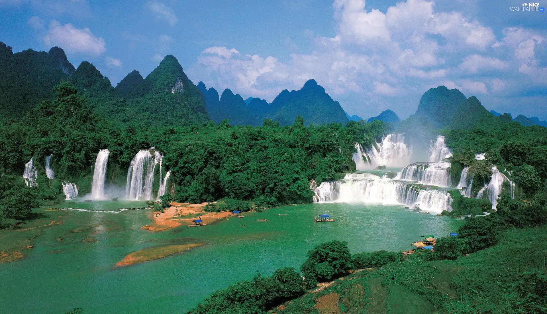 Mountains, waterfalls, River