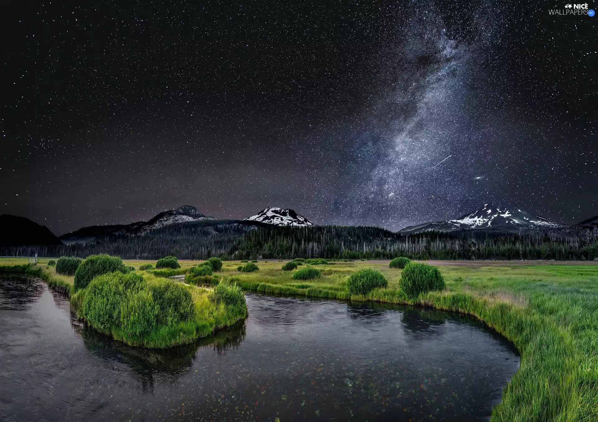 Star way, River, Mountains, Night, star, Sky