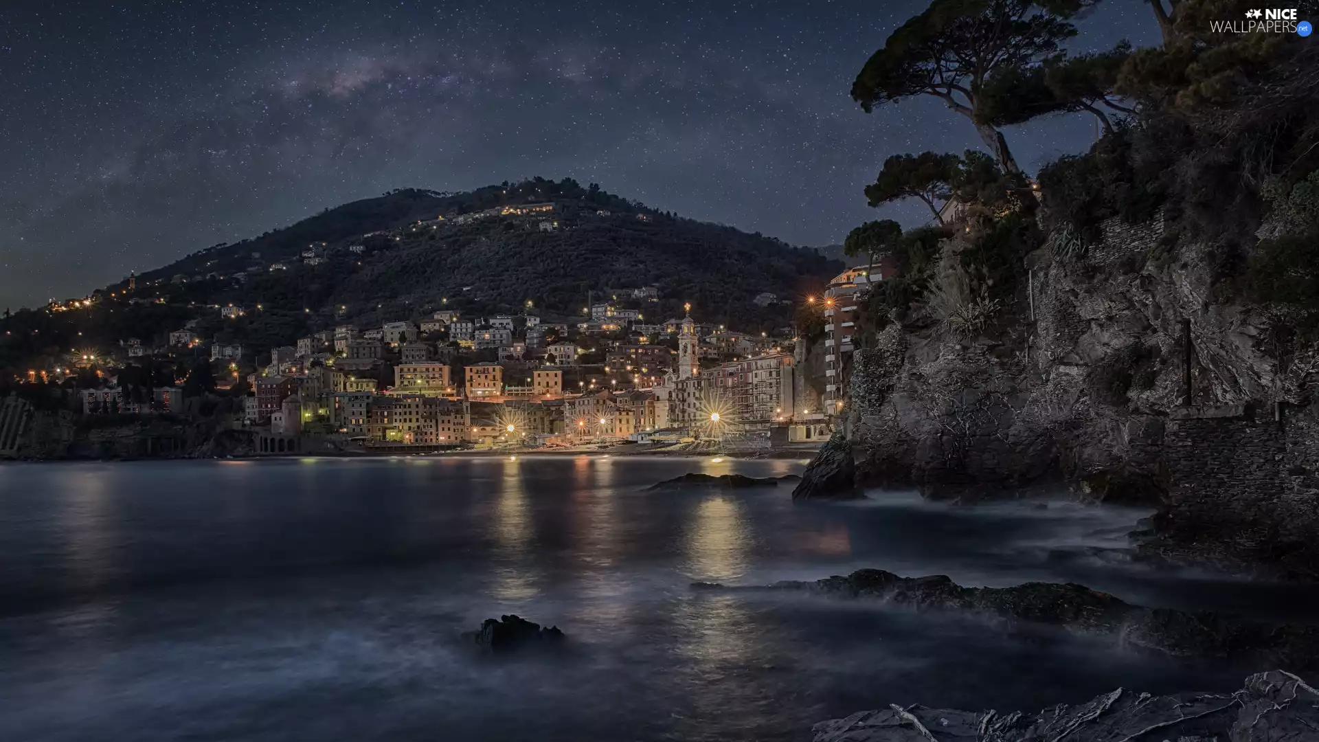 star, Houses, rocks, mountains, Town, Night, lake