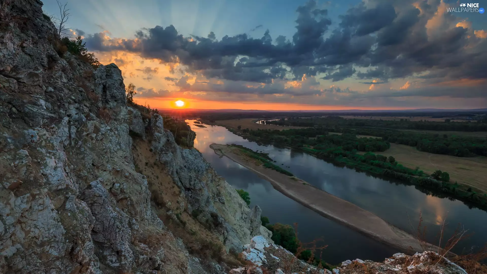 Islet, River, Rocks, clouds, Great Sunsets, field, mountains