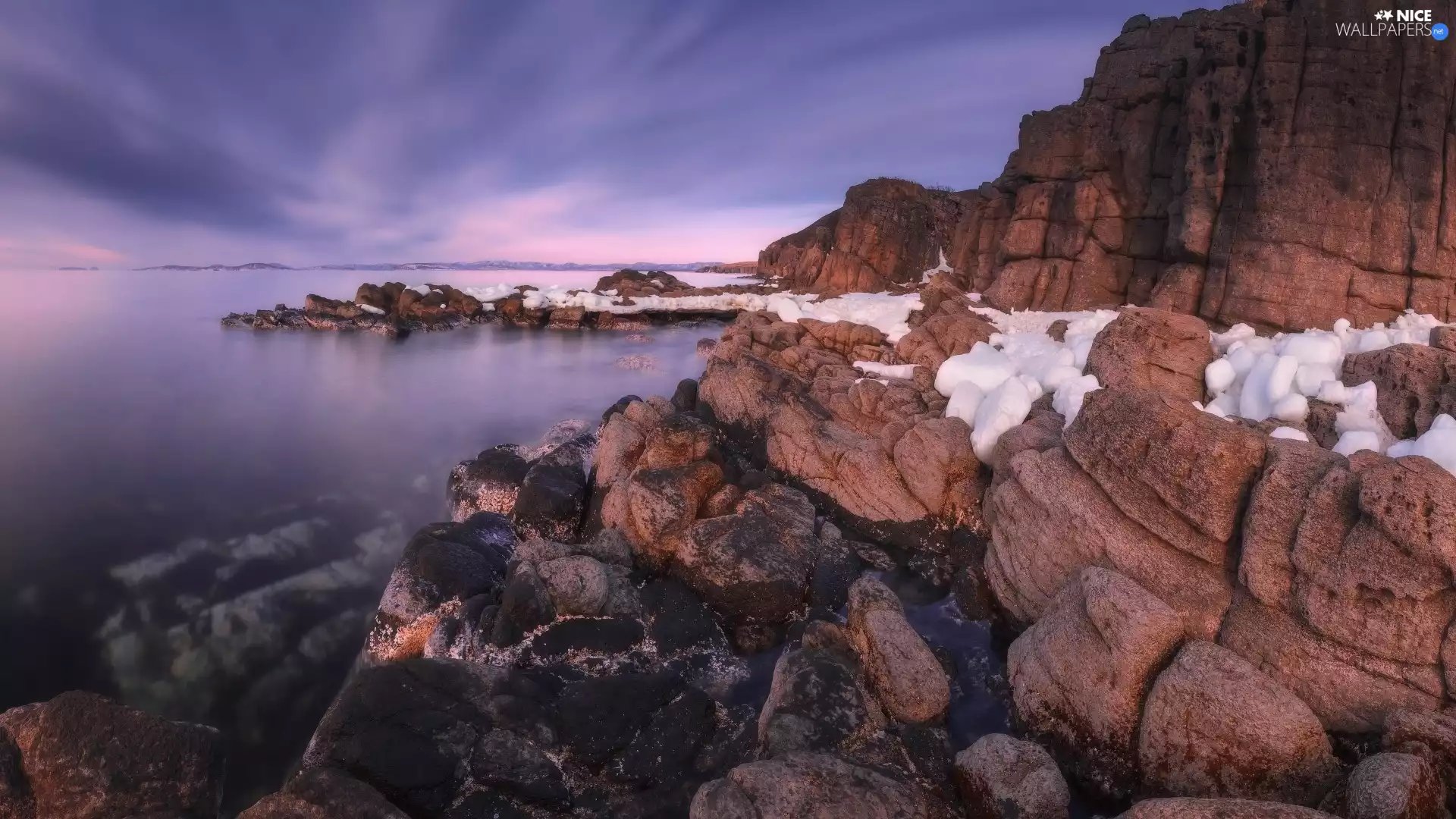 snow, Russia, rocks, Mountains, Japanese Sea