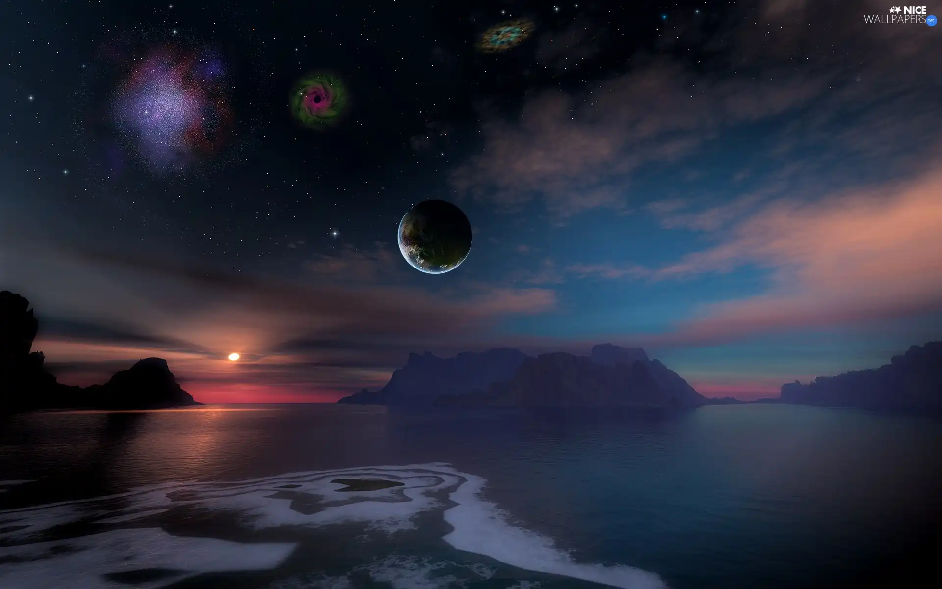 sea, Sky, Mountains, Universe