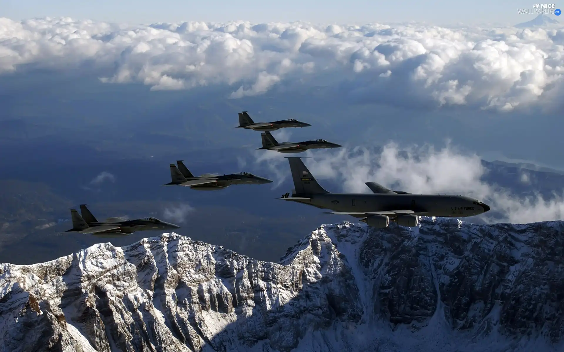 Mountains, jets, Sky