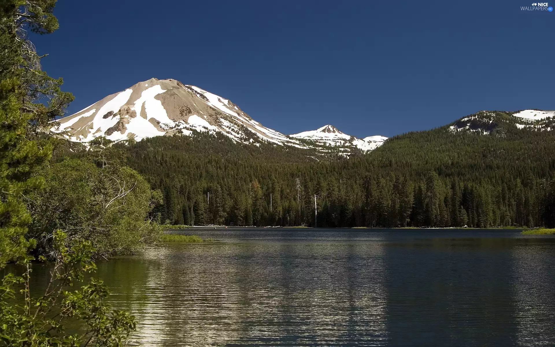Sky, woods, lake, Mountains
