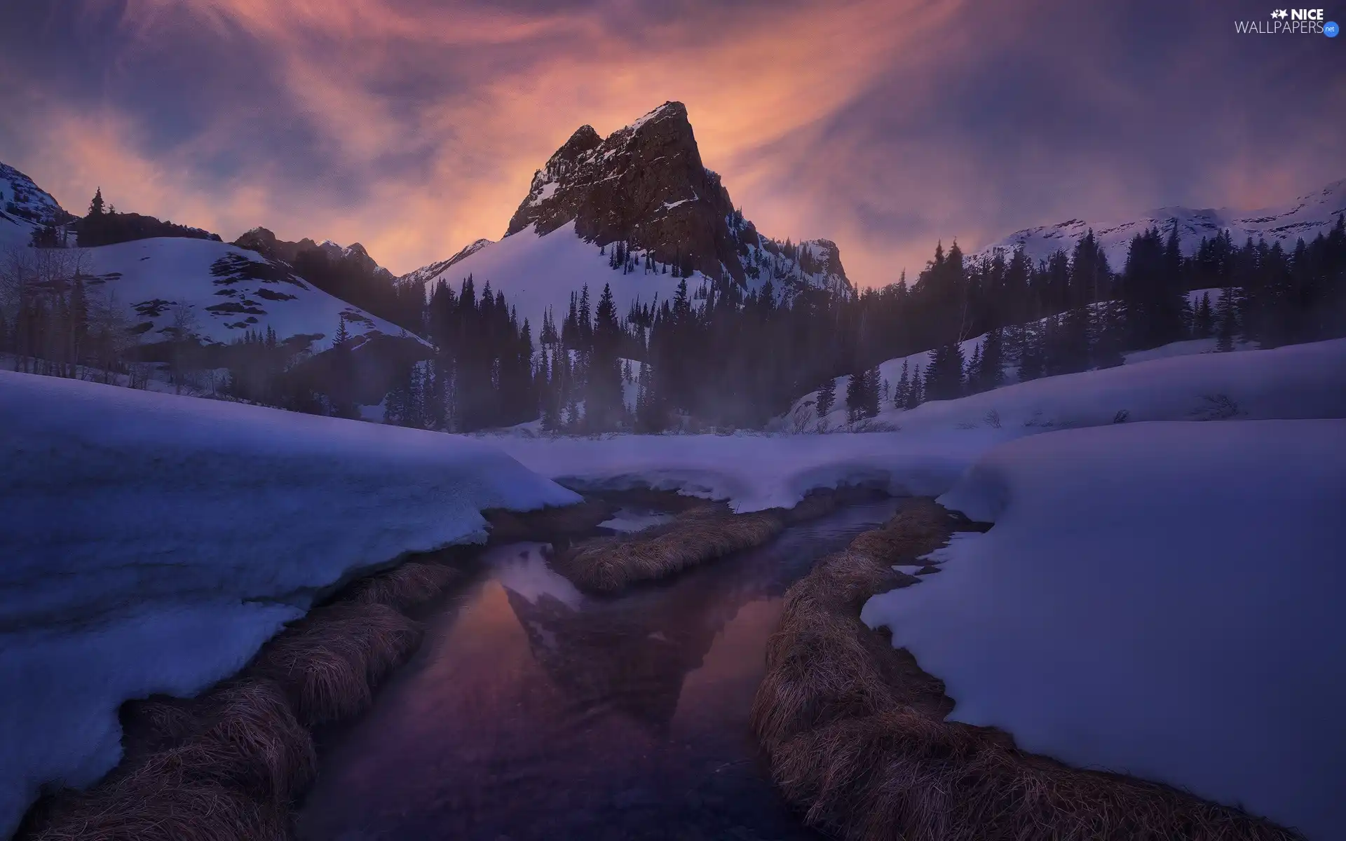 Mountains, forest, Great Sunsets, trees, River, snow, winter, viewes