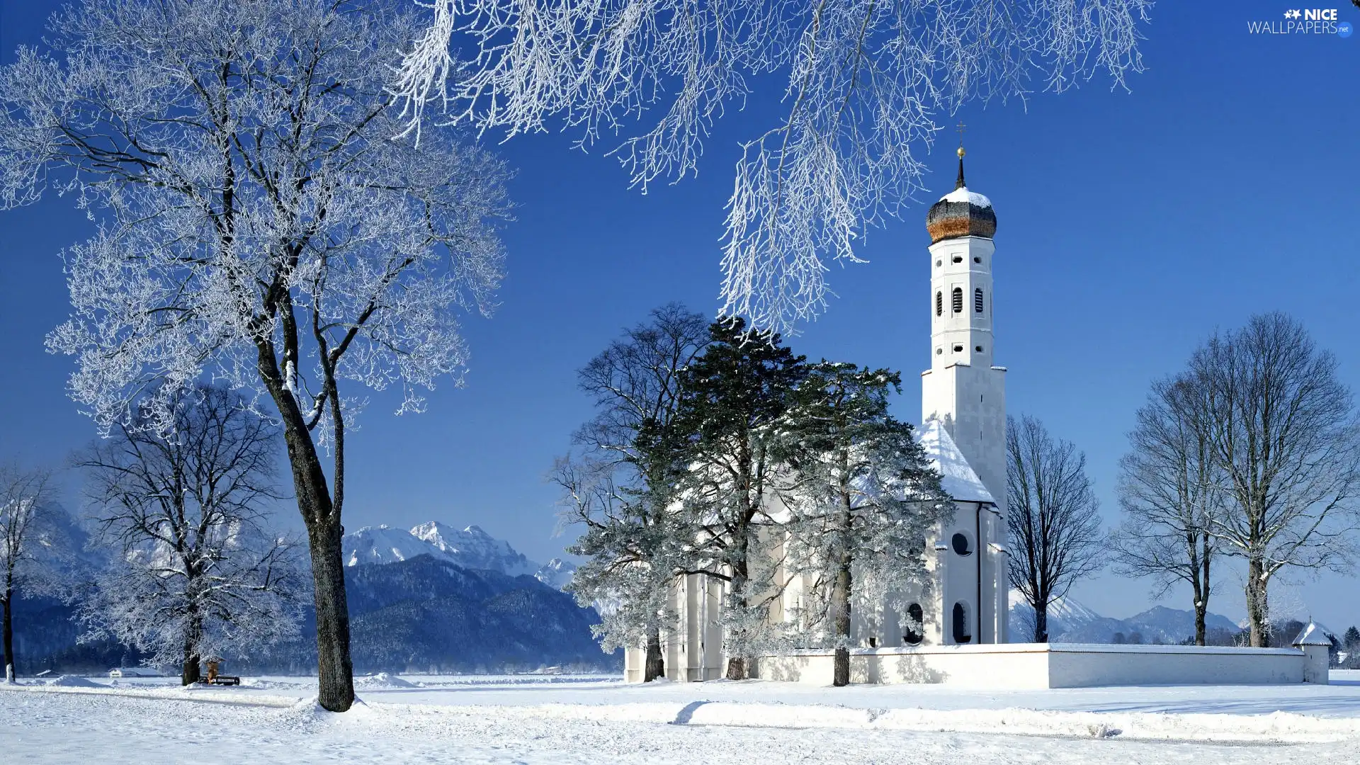 Mountains, snow, viewes, Church, trees