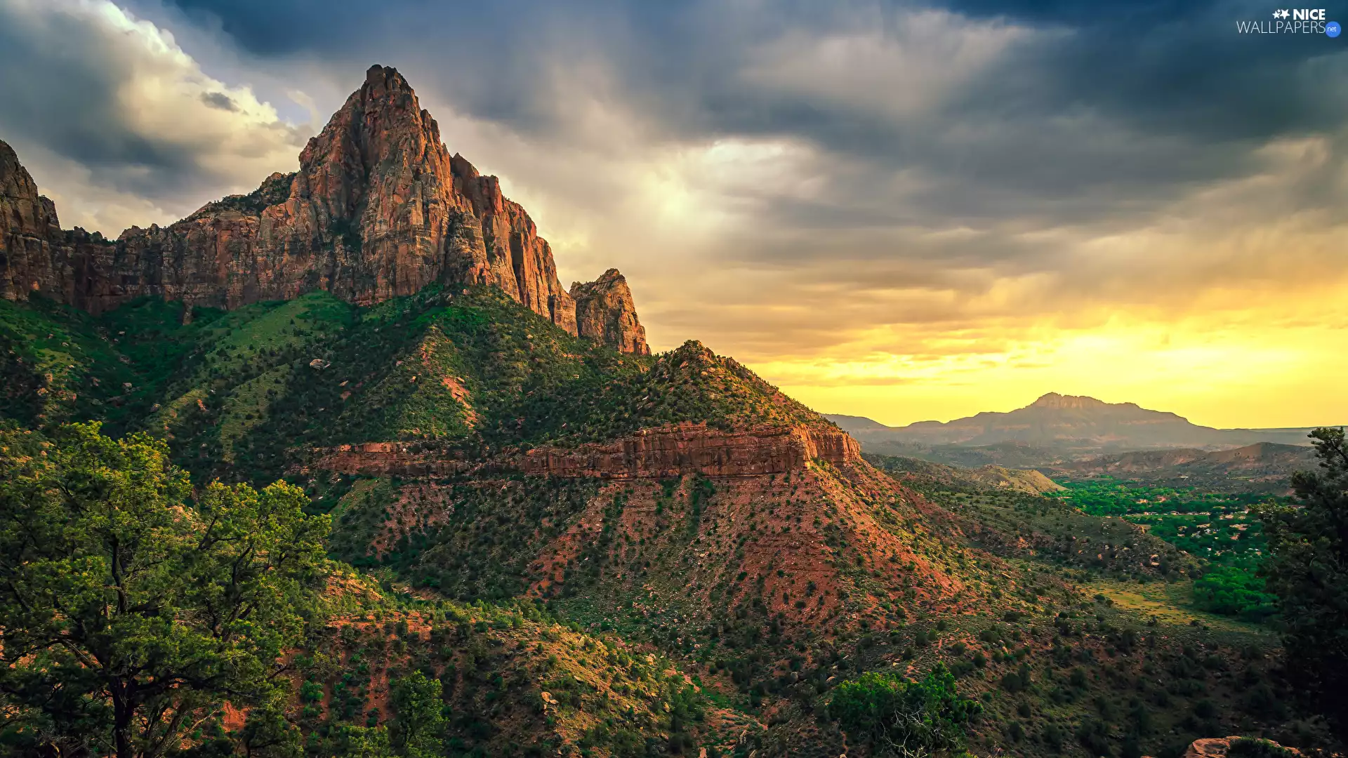 Utah State, The United States, Zion National Park, Mountains, Sunrise, clouds, viewes, Bush, trees