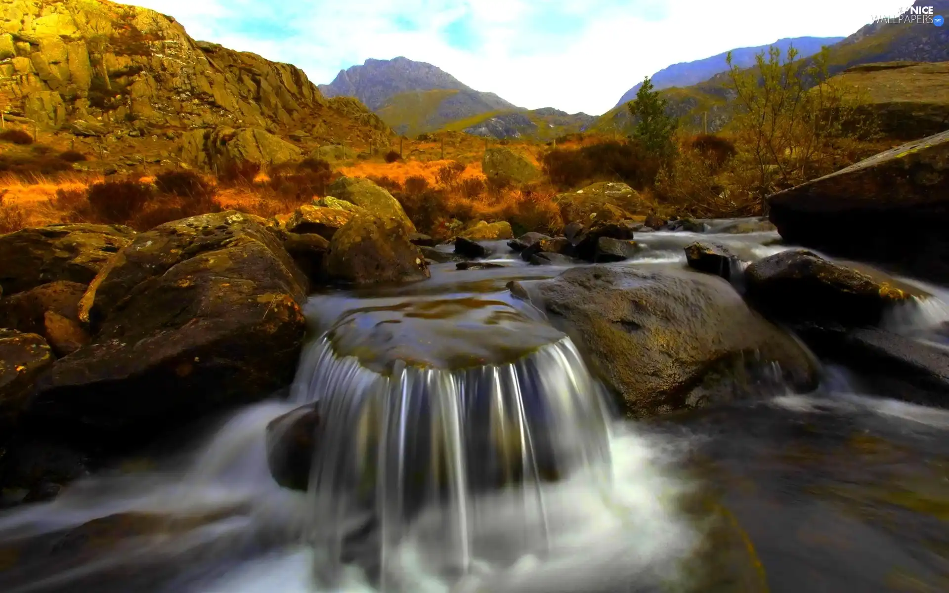 Mountains, Stones, waterfall, Bush, brook