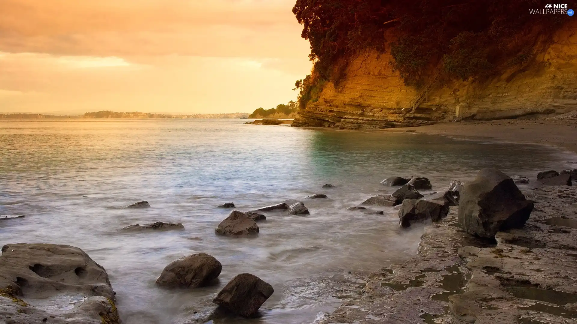 mountains, water, Stones