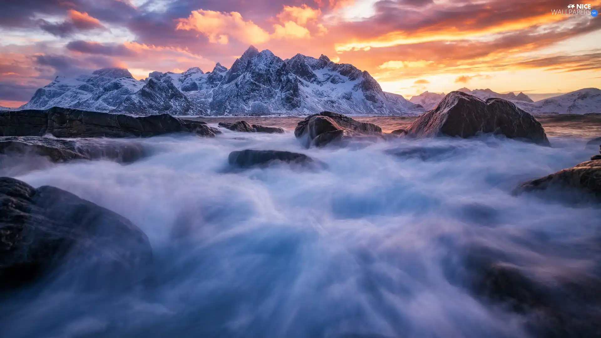 rocks, Snowy, Sunrise, Mountains, sea, Waves, clouds