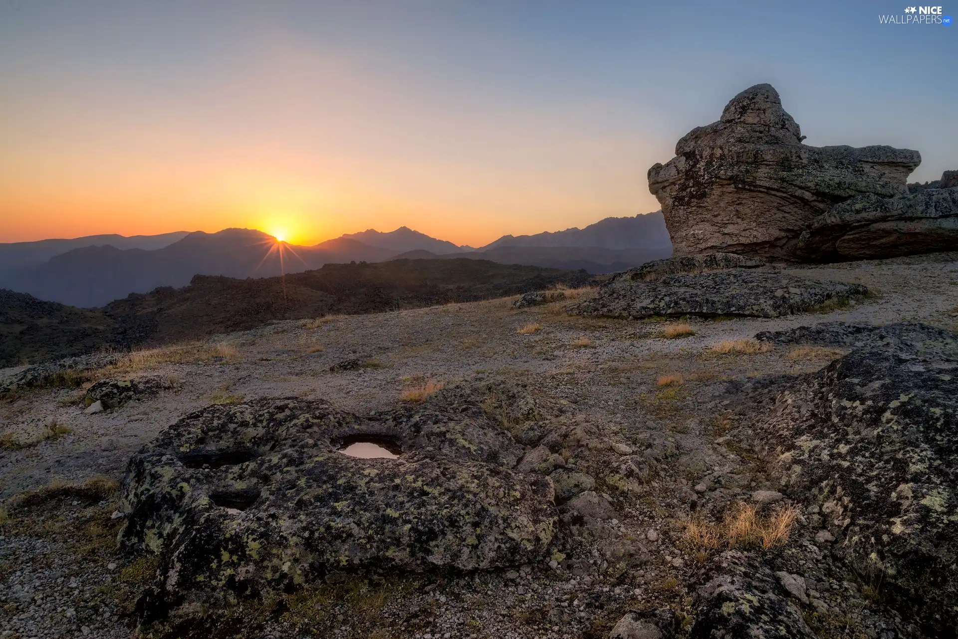 rocks, Great Sunsets, Tufts, grass, little doggies, Mountains