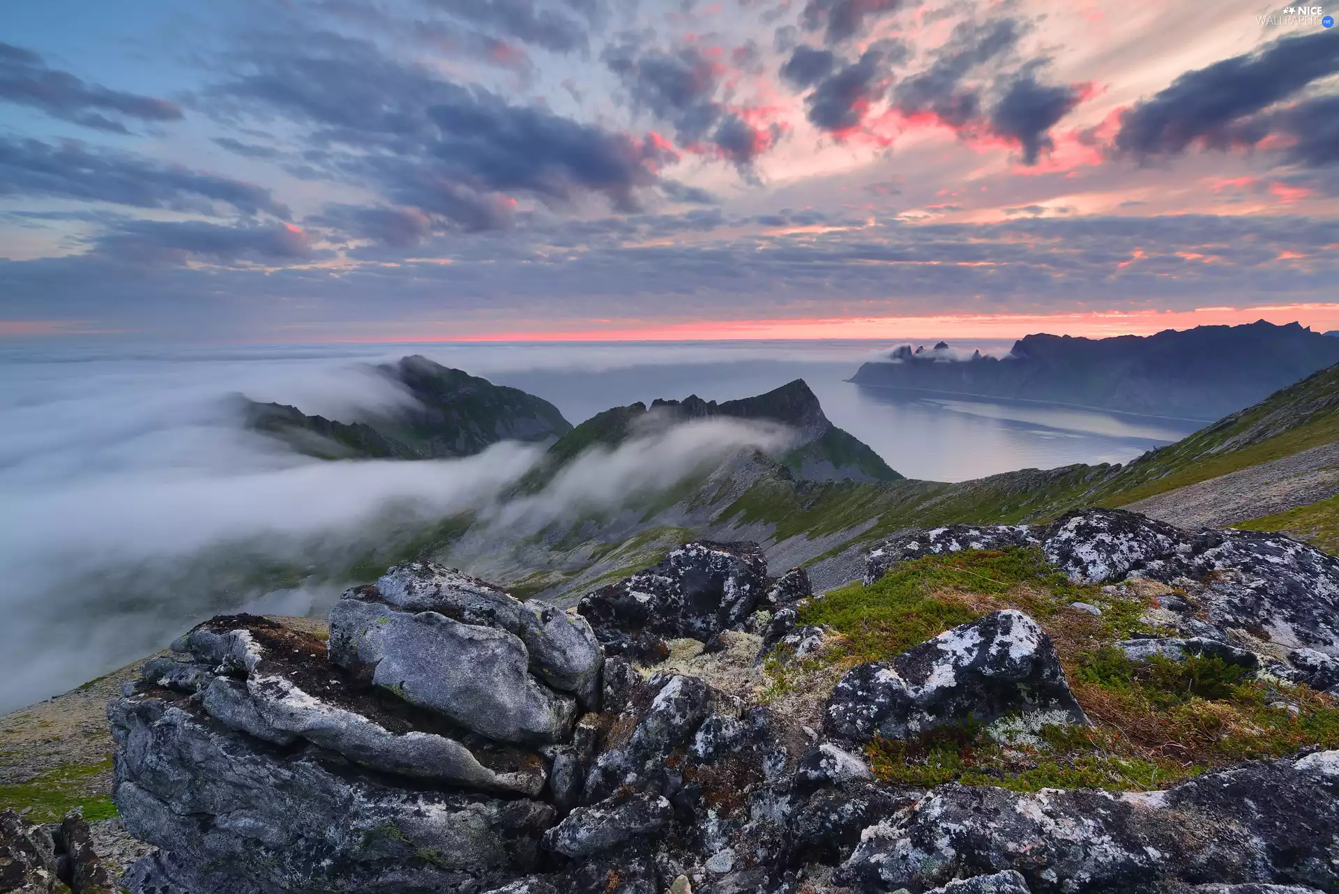 Mountains, sea, Senja Island, rocks, Great Sunsets, Fog, Norway