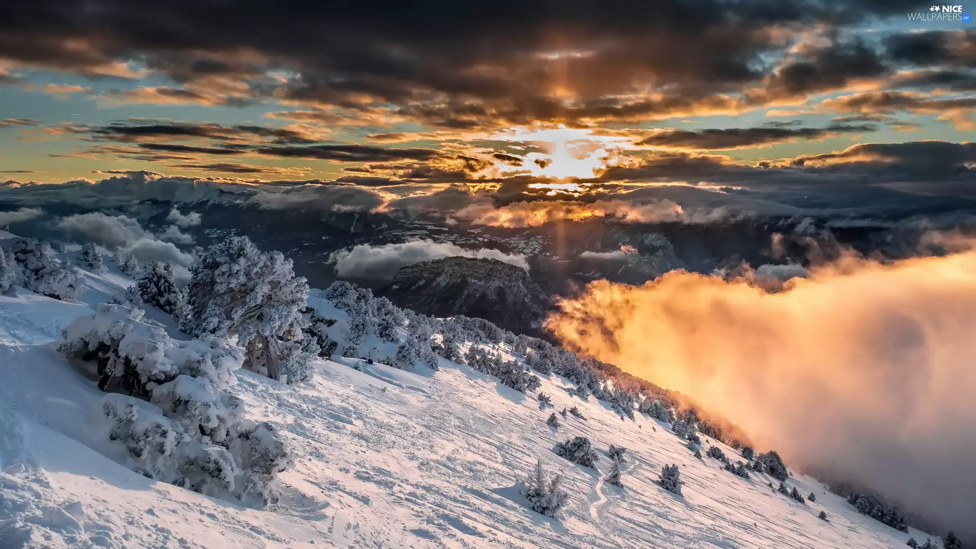 clouds, Great Sunsets, Mountains, Hill-side, winter