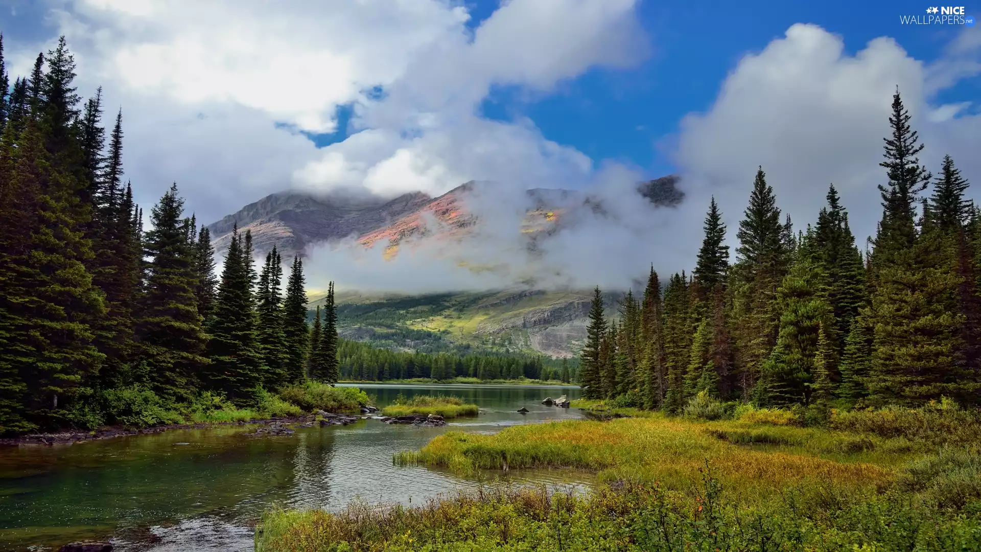 Glacier National Park, Mountains, clouds, River, viewes, Montana State, The United States, trees