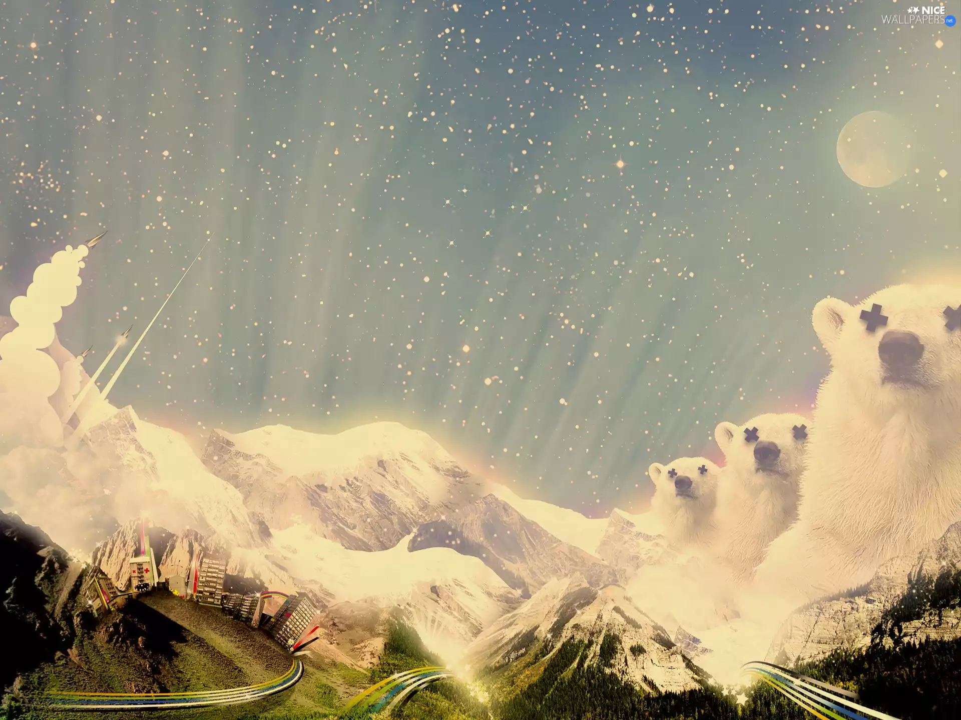 Mountains, bear, Town