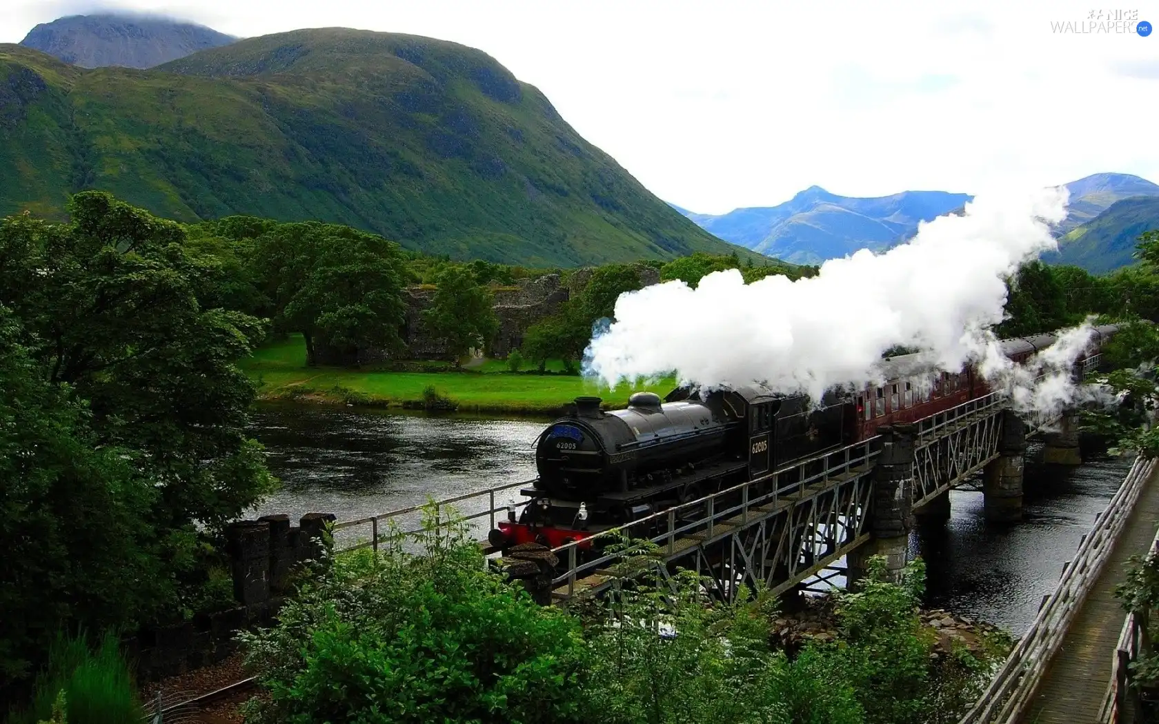 Train, River, Mountains, bridge