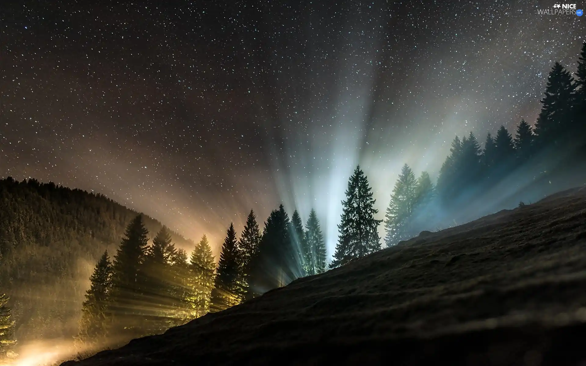 ligh, star, trees, flash, viewes, Sky, Mountains, luminosity, sun, Przebijające