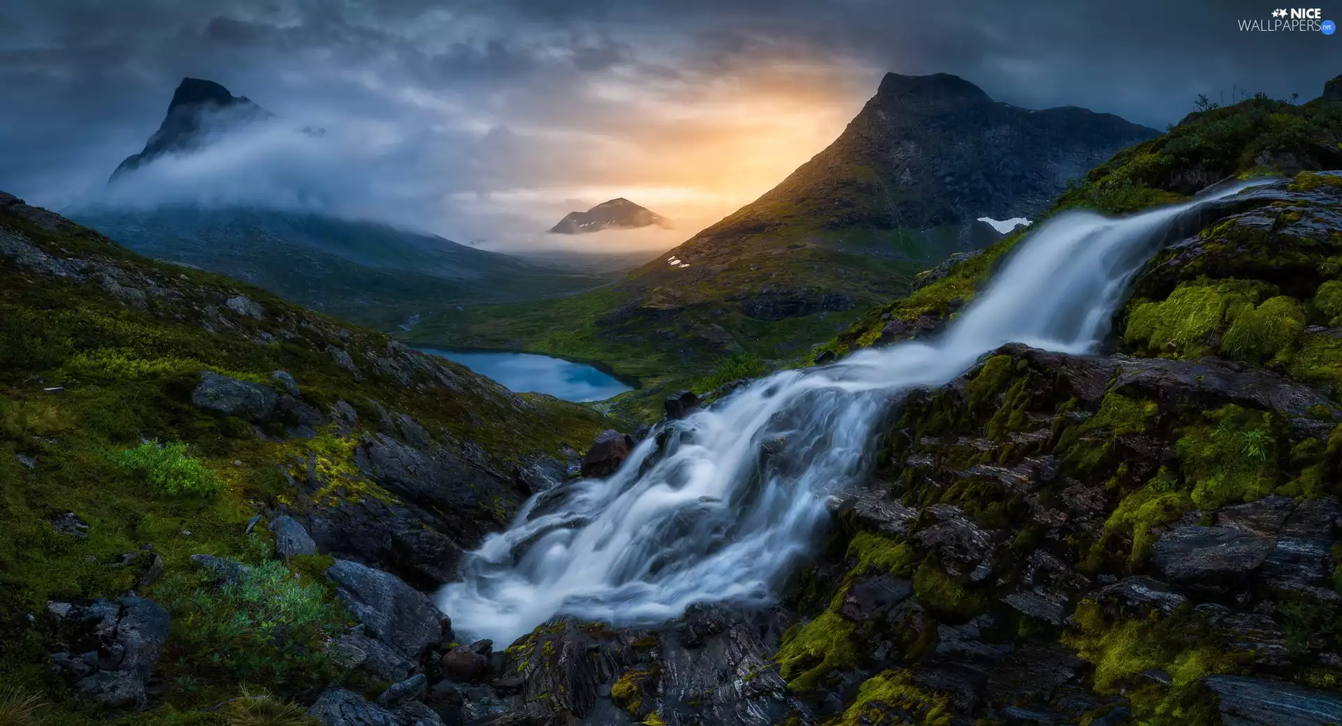 Mountains, waterfall, Sunrise, lake, clouds, Romsdalen Valley, Norway, Fog