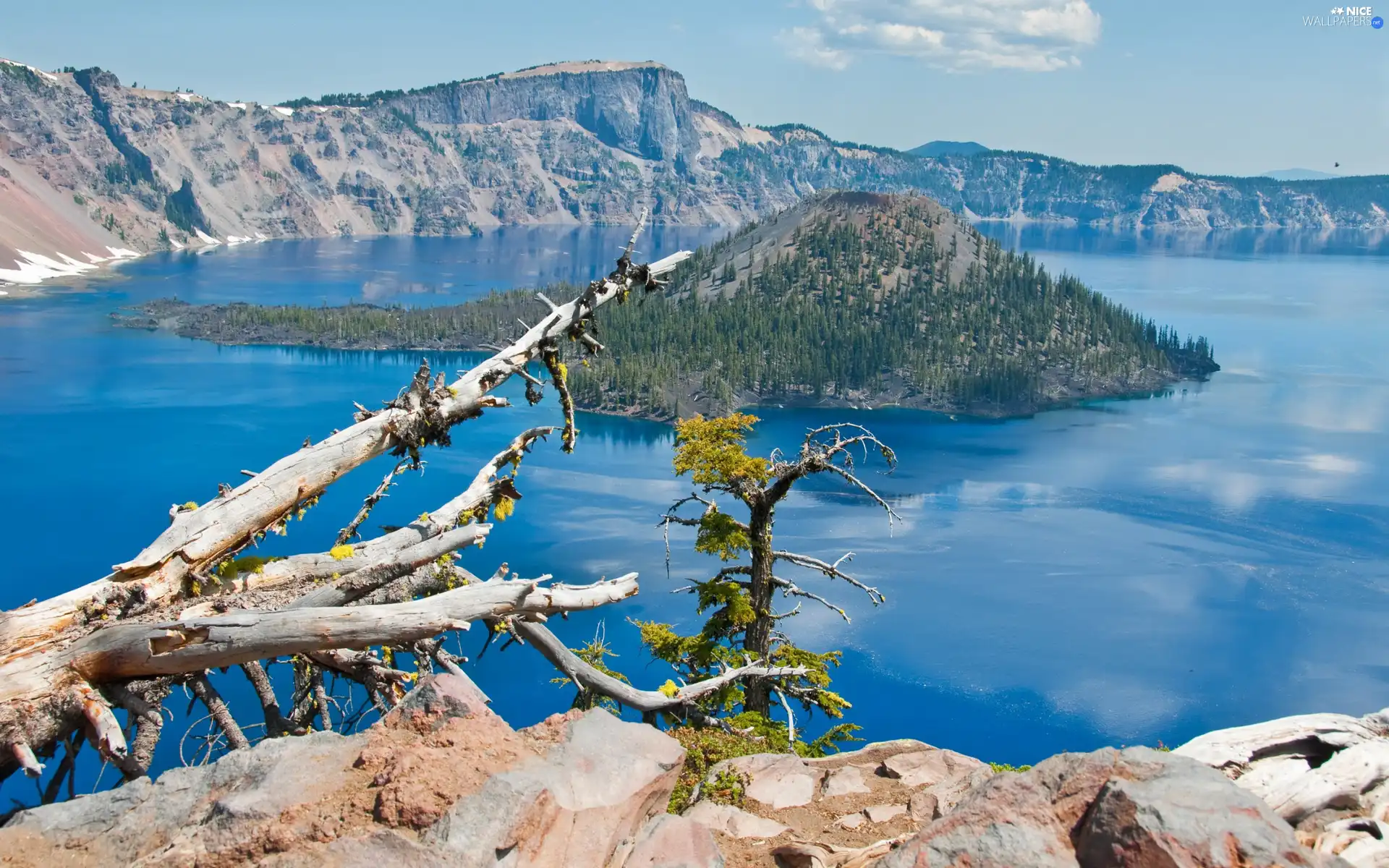 trees, Island, broken, Mountains, lake, viewes, Lod on the beach