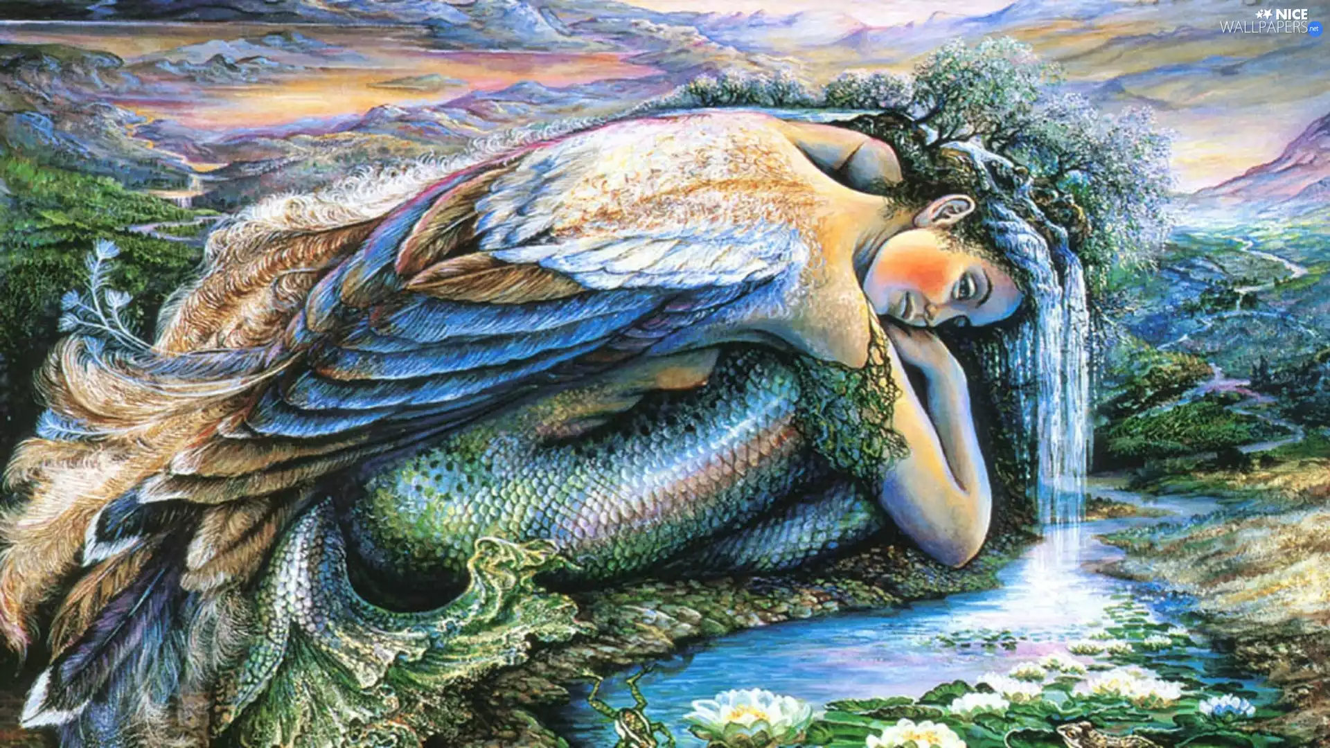 Mountains, mermaid, water