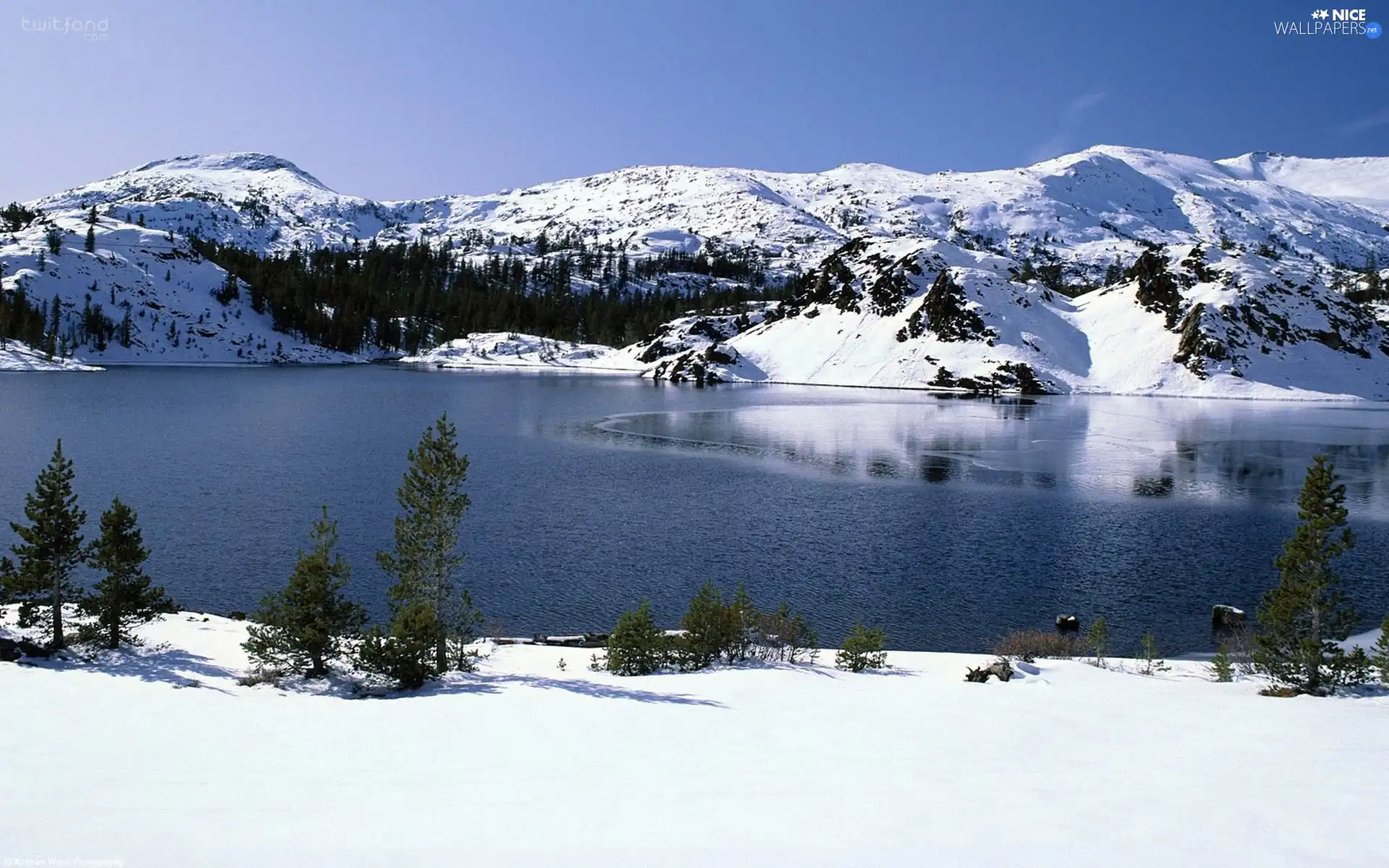 Mountains, winter, trees, viewes, River