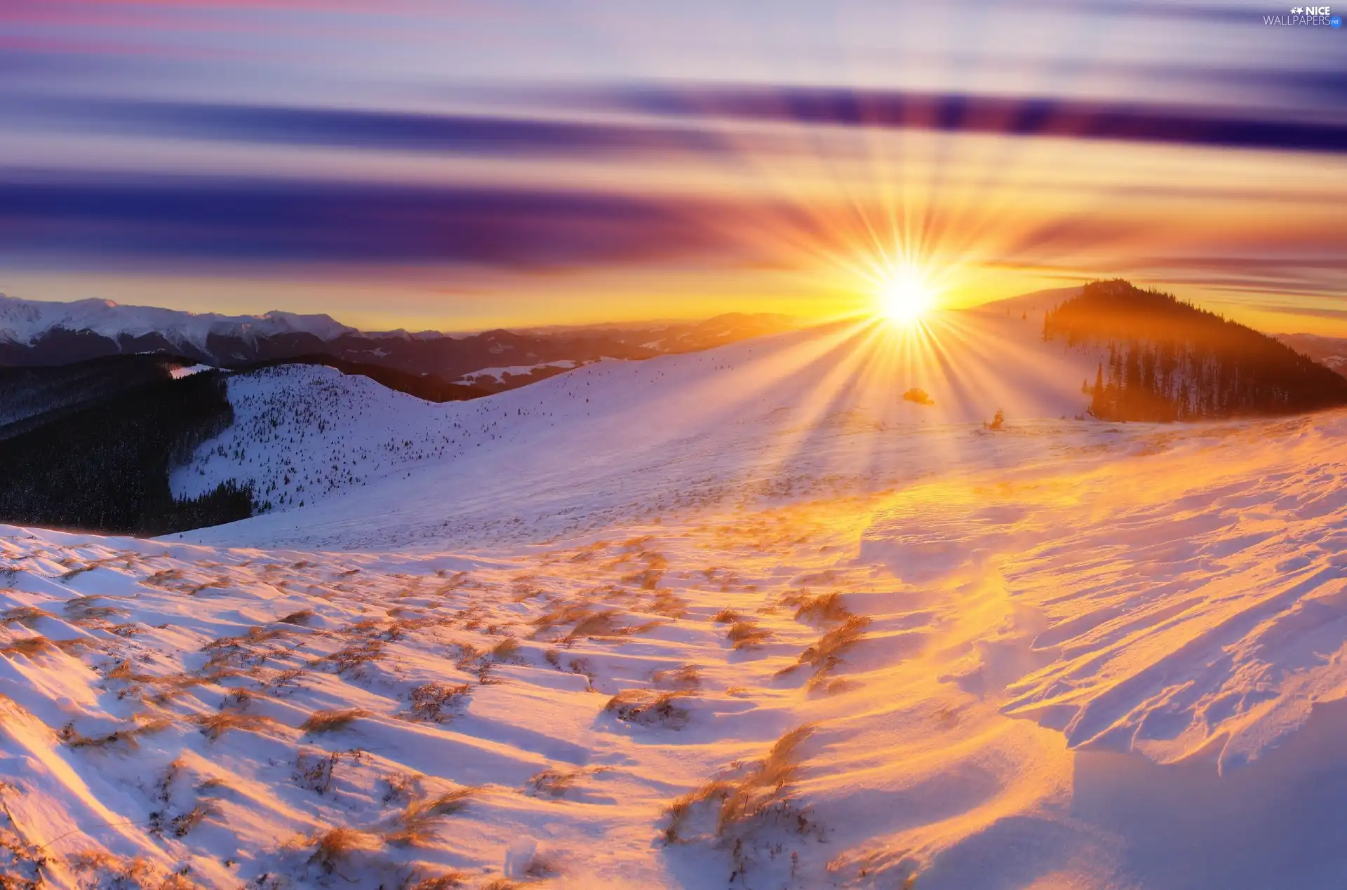 Mountains, winter, sun, rays, west