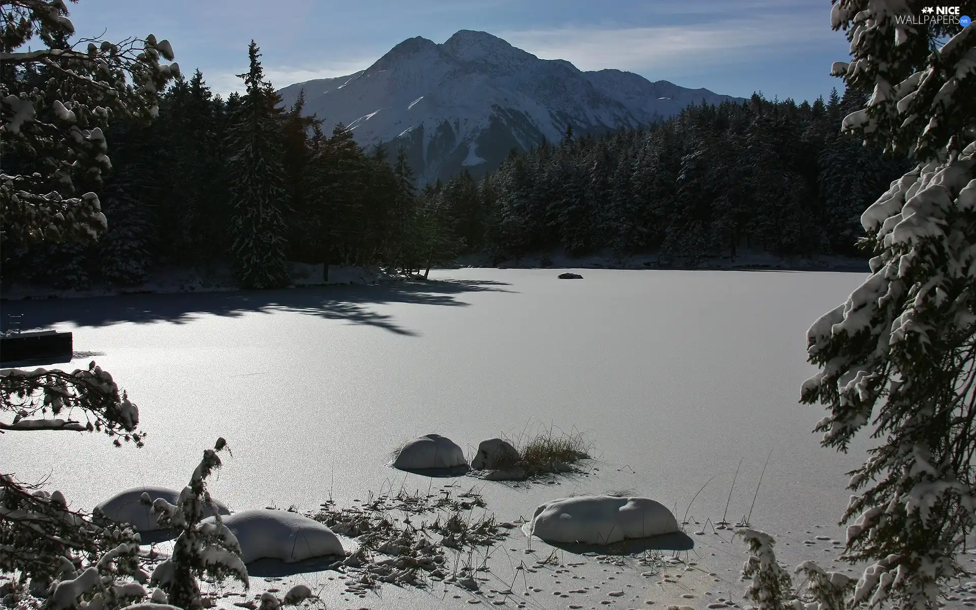 Mountains, woods, winter, snow, River