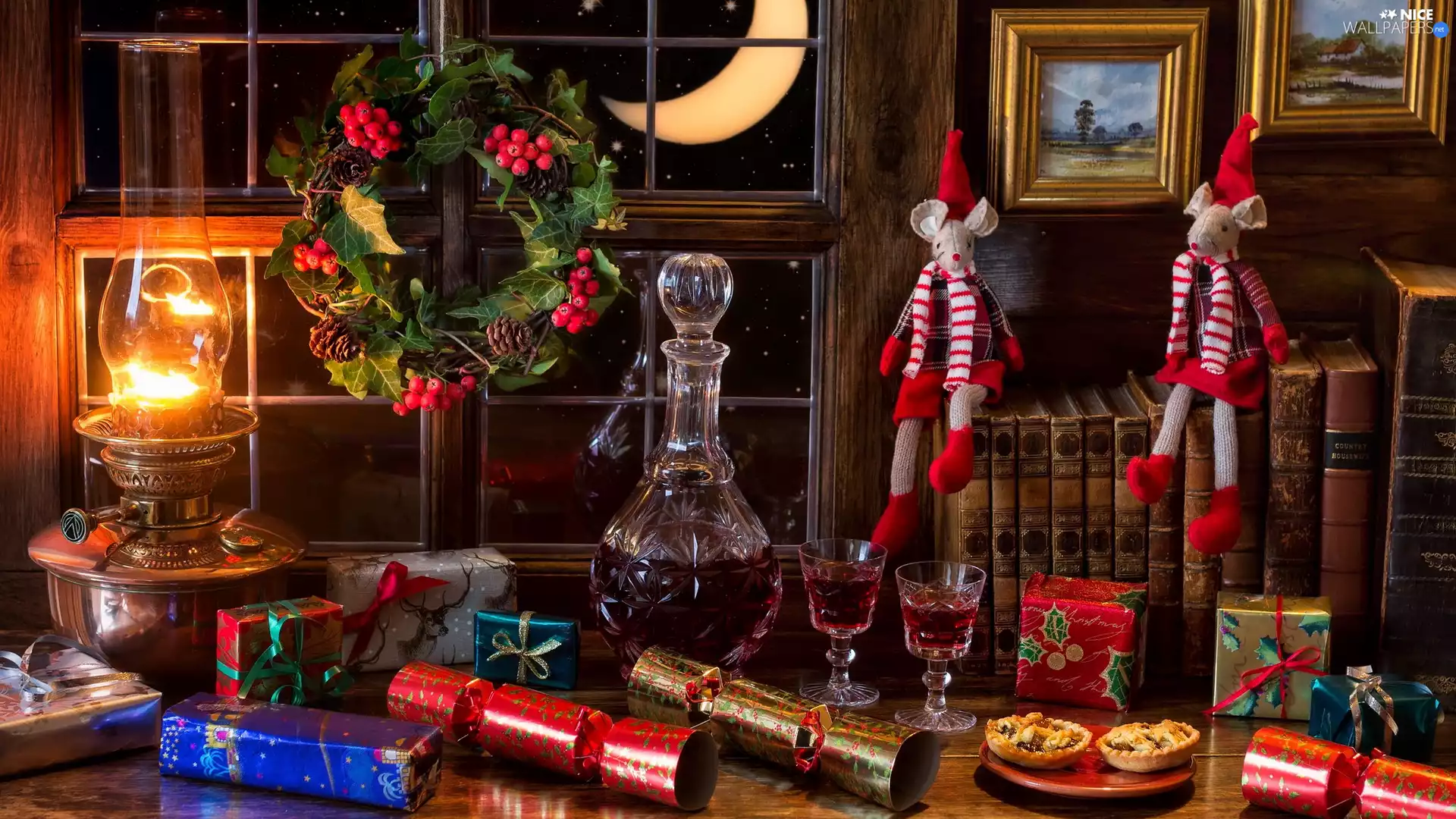 mouse, Window, Books, glasses, Lamp, composition, wreath, gifts, carafe, decorative