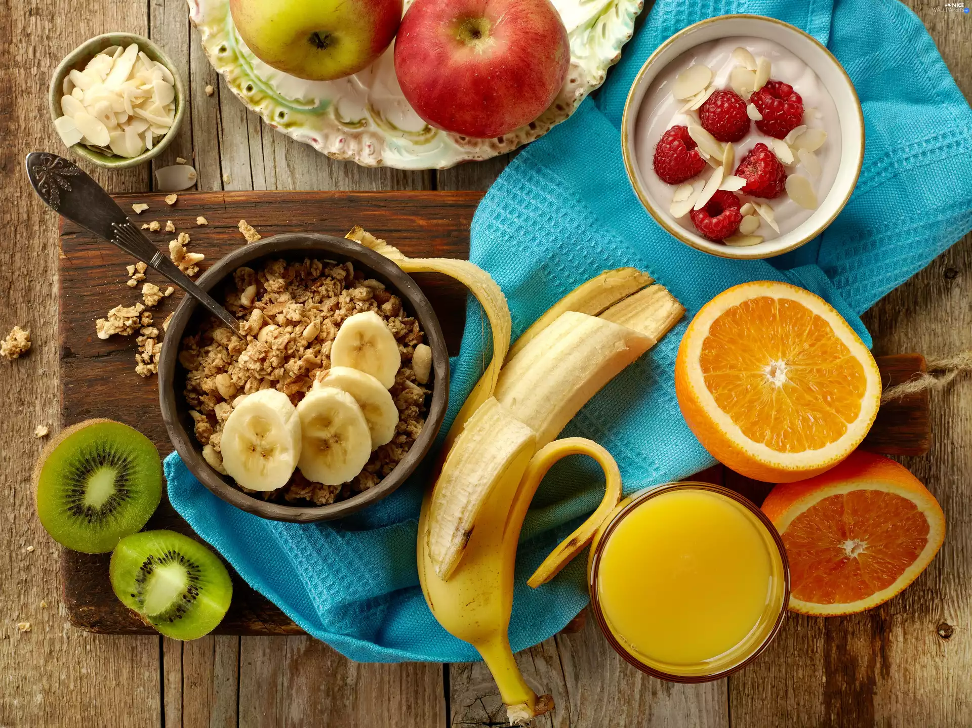 kiwi, Fruits, apples, Muesli, orange, Banana
