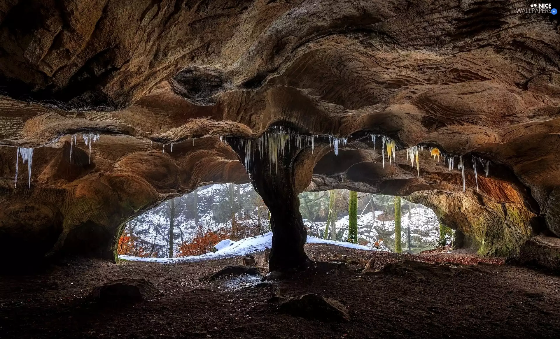 Luxembourg, rocks, hole, Mullerthal, cave, icicle, snow