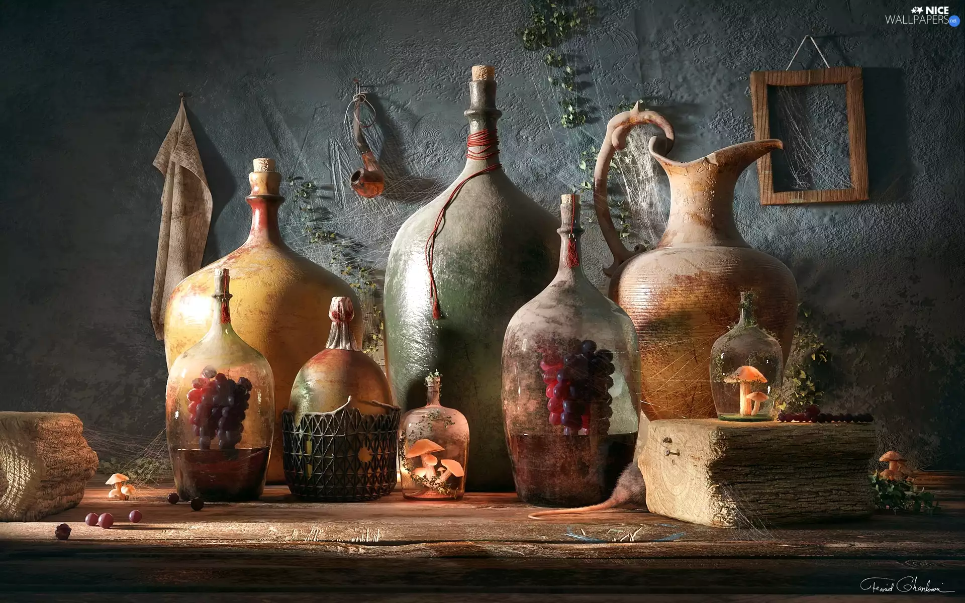 Grapes, mushrooms, Bottles, pitcher, composition