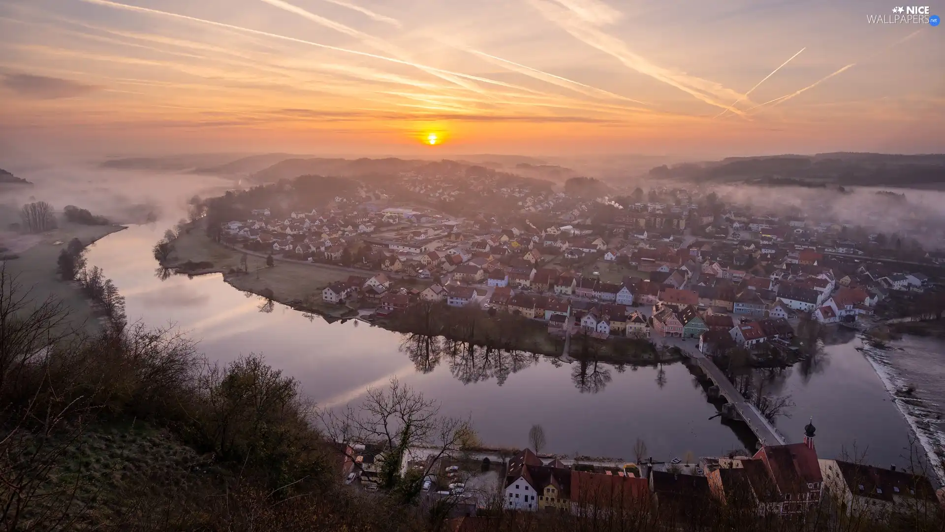 Naab River, Bavaria, Fog, Kallmunz, Germany, Houses, Great Sunsets