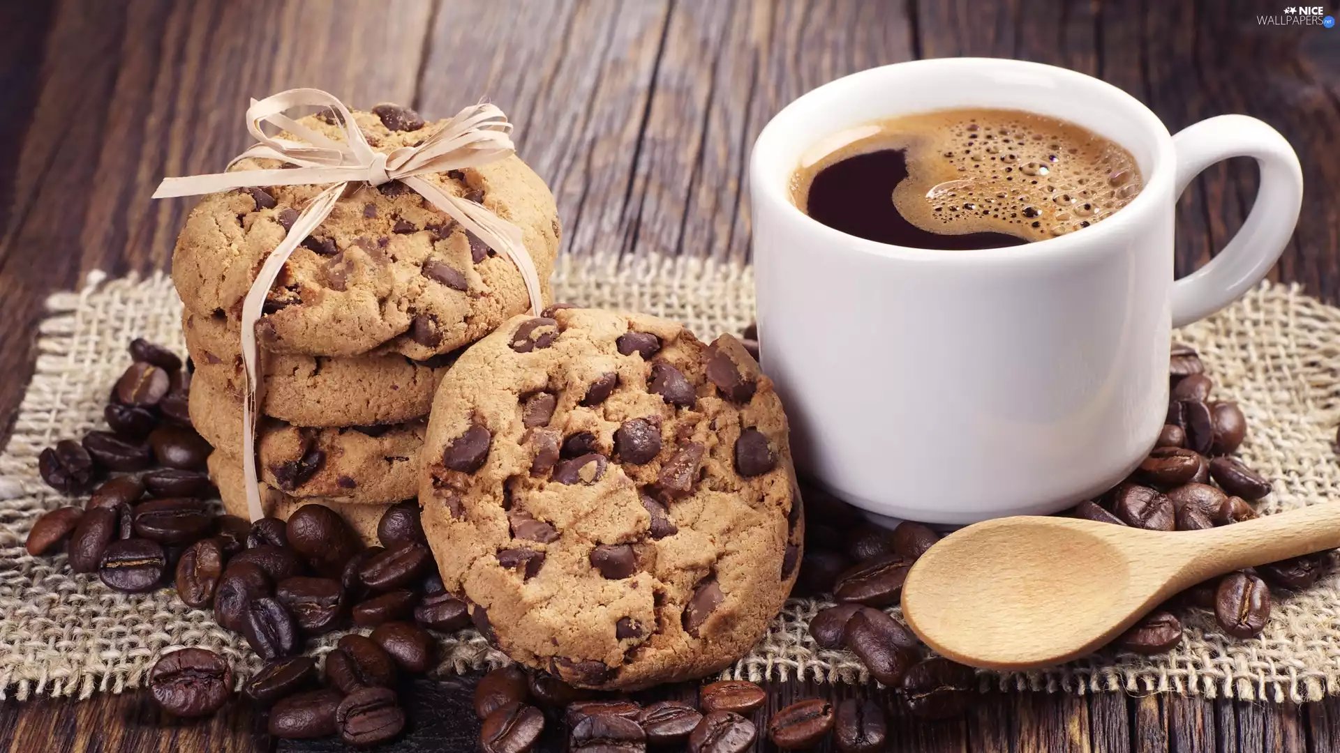 Cookies, napkin, coffee, grains, cup