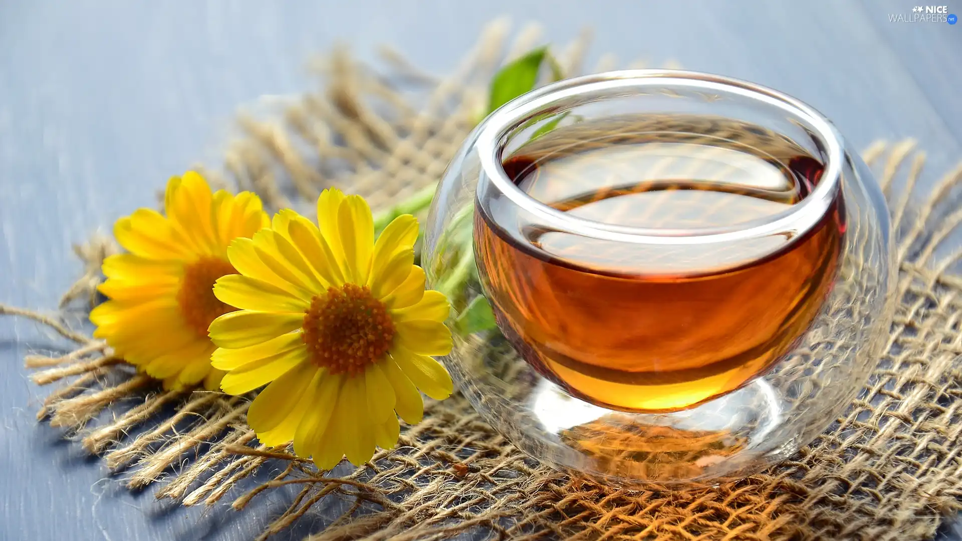 glass, Yellow, tea, napkin, dish, Calendula Officinalis