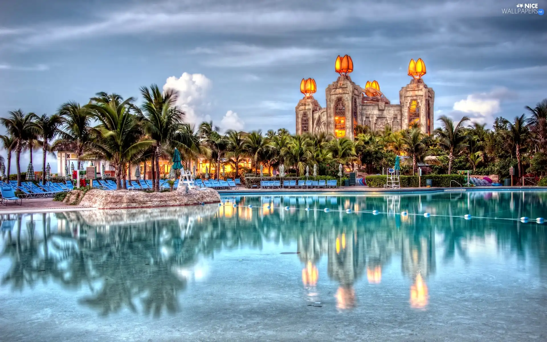 Nassau, Bahamas, Pool, Palms, Hotel hall