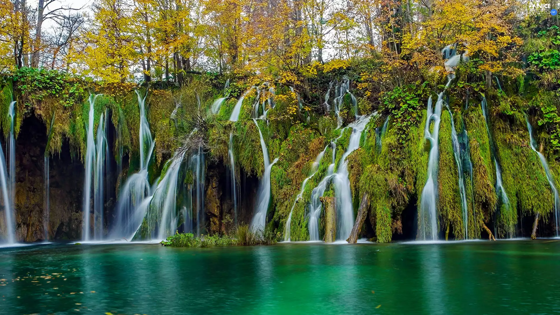 rocks, trees, Coartia, viewes, Plitvice Lakes National Park, mossy, waterfall, autumn