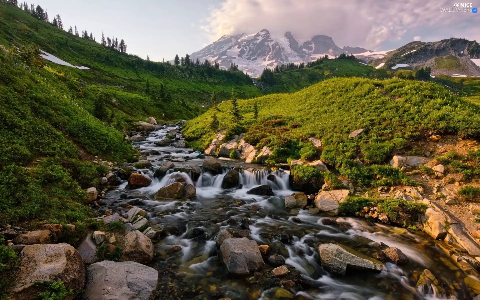 Mountains, River, Washington State, Stones, Mount Rainier National Park, Mount Rainier Peak, The United States