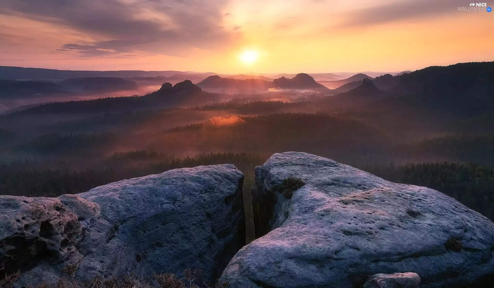 rays of the Sun, rocks, Saxon Switzerland National Park, woods, Děčínská vrchovina, Great Sunsets, Germany