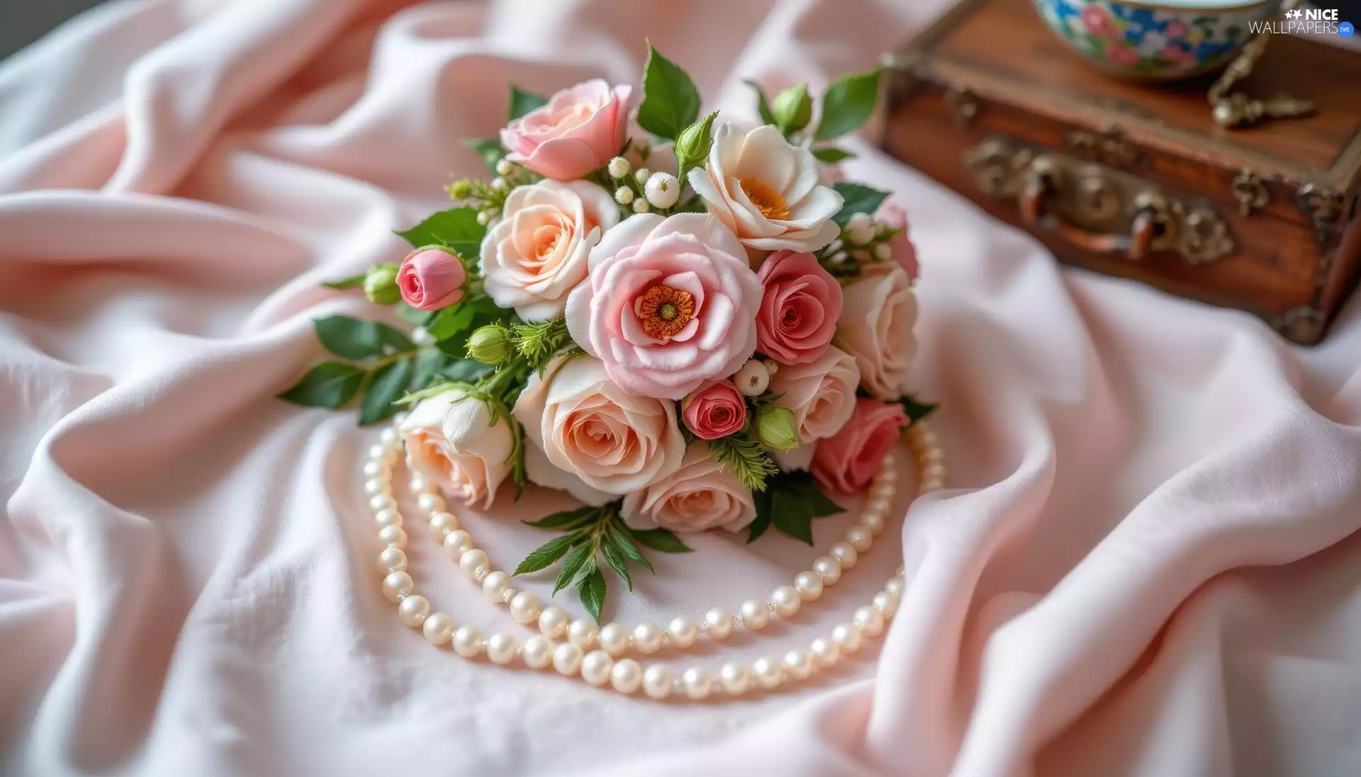 leaves, bouquet, Ai, Pearl, textile, roses, Flowers, Necklace