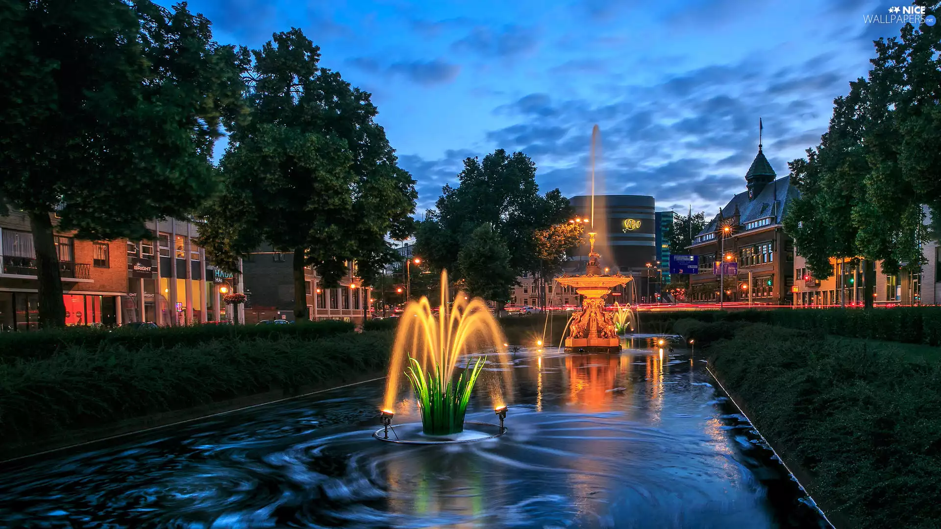fountain, Town, Arnhem, Netherlands, lighting, Night
